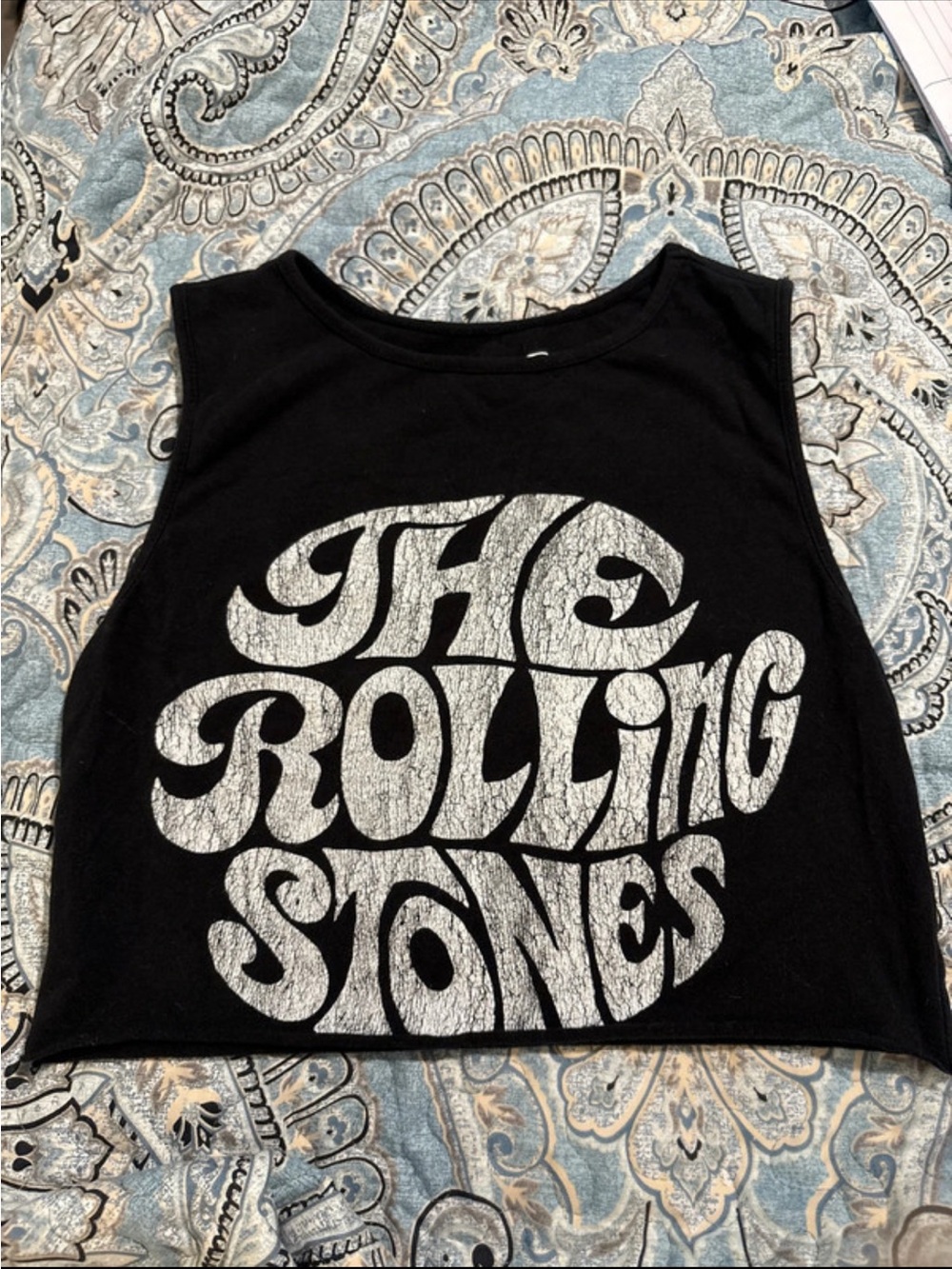 the Rolling Stones Black Crop Tank with White Distressed Logo